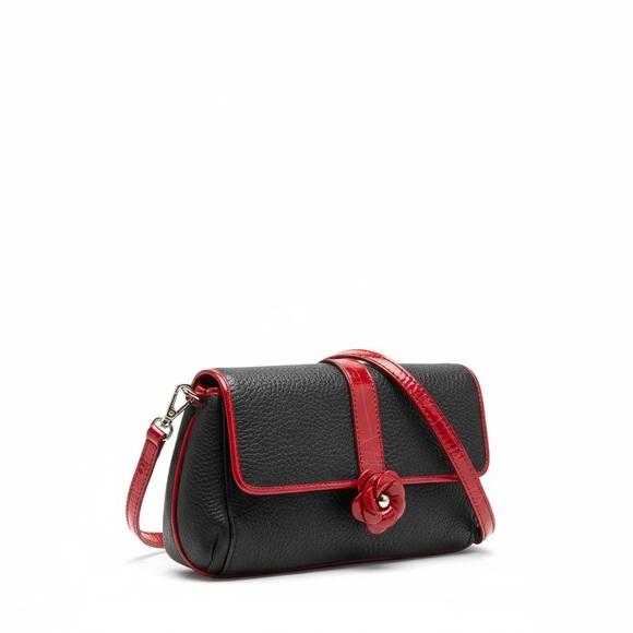 Brighton Handbags - Vtg. Brighton. Rosie Mini Black Red Pebbled Leather Crossbody Rose Detail